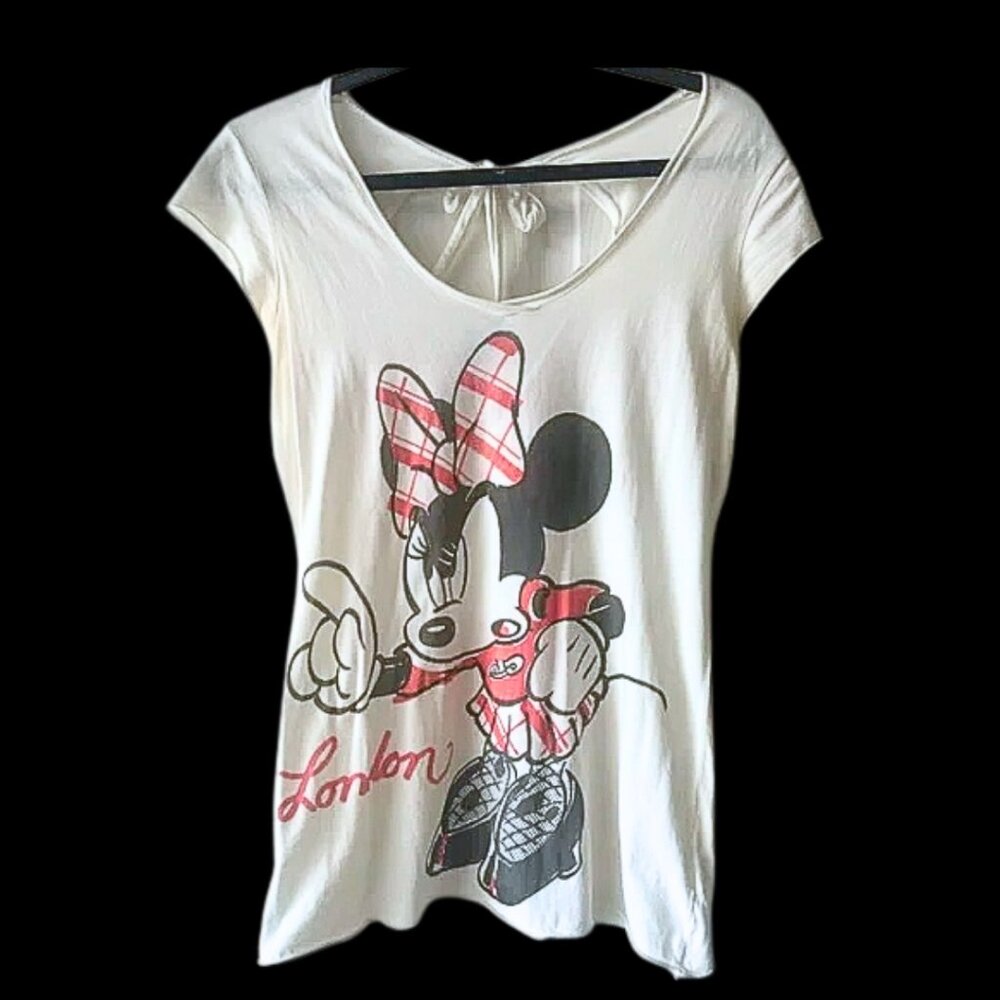 Disney Couture Minnie Mouse London Graphic Tee Ivory Tie Back Top Size M